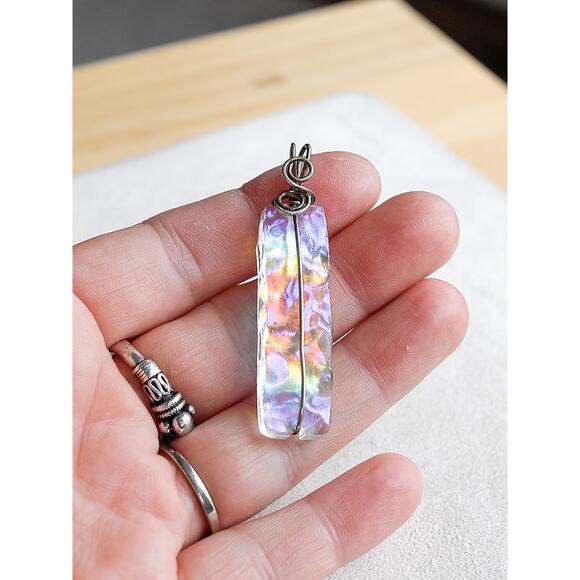 Rectangular Dichroic Glass Boho Pendant Wire Wrapped Iridescent Sheen Handmade - Picture 3 of 4